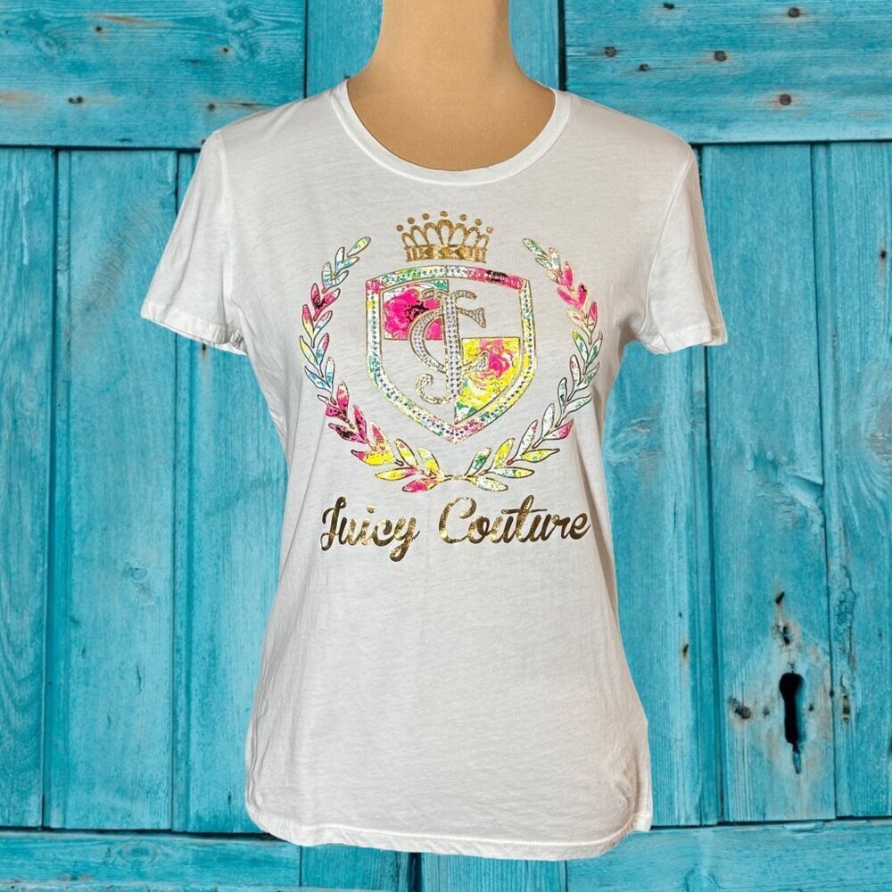 VTG Y2K Juicy Couture Graphic Baby Tee Sz. L White Rhinestones Sparkle Preppy